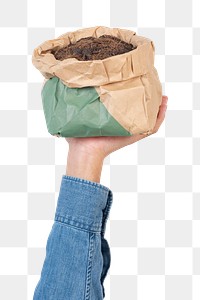Png hand mockup holding kraft paper plant pot green packaging