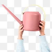 Png hand mockup holding pink watering can gardening tool