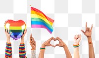 Png LGBTQ+ pride celebration mockup with hand and crowd cheering