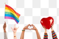 Png LGBTQ+ pride celebration mockup with hand and crowd cheering