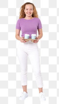 Woman png holding coffee cup mockup