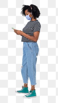 Png African woman texting mockup on her phone during the new normal