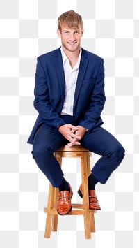 Png Successful businessman sitting mockup on a wooden stool jobs and career campaign