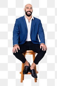 Png Cheerful businessman sitting mockup on a wooden stool jobs and career campaign