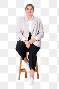 Png Cheerful businesswoman sitting mockup  on a wooden stool jobs and career campaign