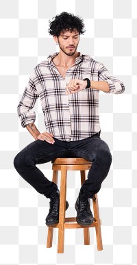 Png Latin man sitting mockup on a stool while checking the time