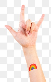 Png LGBTQ+ pride tattoo mockup with rock n' roll hand in the air