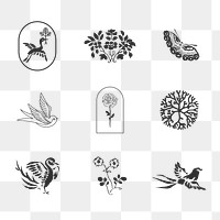 Natural branding png stickers vintage illustrations set