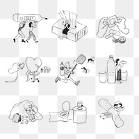 Common illnesses at home png element set healthcare doodle