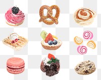 Pastry desserts png sticker watercolor drawing set