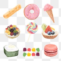 Sweet dessert png sticker watercolor set