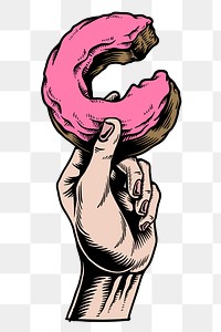 Hand holding a pink glazed bitten donut sticker design element 