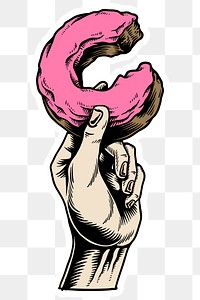 Hand holding a pink glazed bitten donut sticker design element 