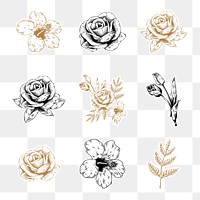 Gold and white flower sticker with a white border design element set