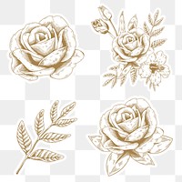 Gold rose and leaf sticker with a white border design element set
