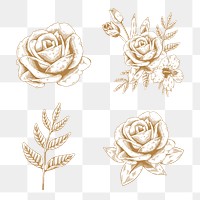 Gold rose and leaf sticker design element set