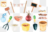 Gardening tools in watercolor png sticker set