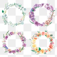 Flower wreath png frame clipart, transparent floral watercolor illustration collection