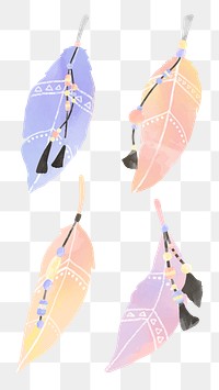 Pastel boho png feather element in watercolor set