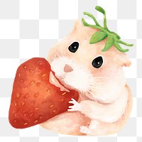 PNG hamster sticker, eating strawberry, watercolor animal design