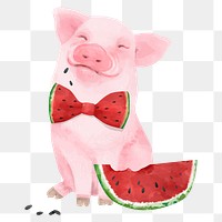 Baby pig png, watercolor animal sticker, eating watermelon