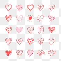 Png heart icons, pink set in hand-drawn doodle style