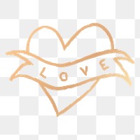 Png gold heart icon love word, hand drawn doodle style