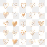 Png golden heart icons, set in doodle style