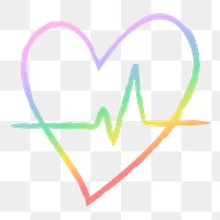 Heartbeat png icon in holographic rainbow, hand drawn doodle style