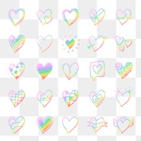 Png heart set, in rainbow doodle style