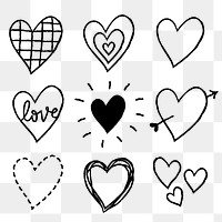 Heart png icons set, simple doodle in hand-drawn style