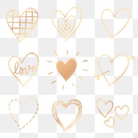 Png gold heart element set in hand drawn style