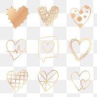 Png gold heart element set in hand drawn style