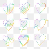 Png rainbow holographic heart element set in hand drawn style