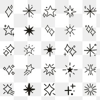 Sparkling stars png icon set in doodle style