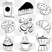 Cafe png sticker clipart, coffee and cake illustrations 