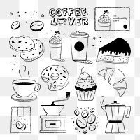 Cafe png sticker set, coffee and cake doodle