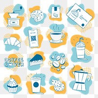 Cafe png sticker set, coffee and cake clipart