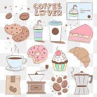 Cafe png sticker set, coffee and cake clipart