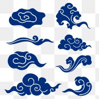 Traditional cloud png sticker, blue Chinese design clipart set