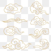 Oriental cloud png sticker, gold Japanese design clipart collection