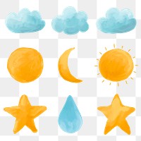 PNG watercolor sky sticker set, cloud, sun, moon and star hand drawn illustration