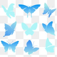 Butterfly png sticker, blue beautiful gradient flat clipart set