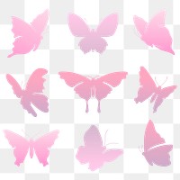 Flying butterfly png sticker, pink gradient flat clipart set