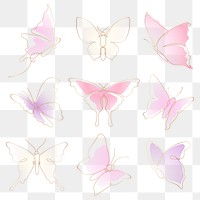 Flying butterfly png sticker, pastel gradient line art clipart collection