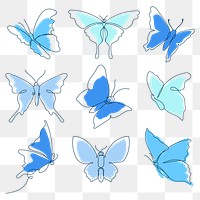 Flying butterfly png sticker, baby blue line art clipart collection