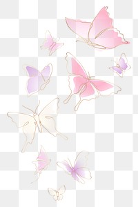 Flying butterfly png sticker, pastel pink line art clipart set