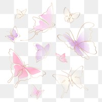 Flying butterfly png sticker, pastel pink line art clipart set