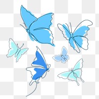 Flying butterfly png sticker, baby blue line art clipart set