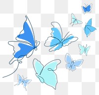 Flying butterfly png sticker, baby blue line art clipart set